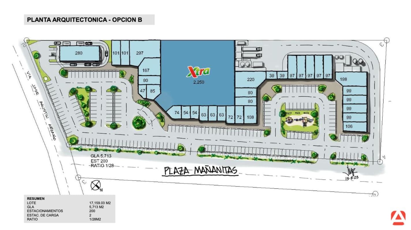 Architectural concept plan for future commercial plaza development on the lot in Las Mañanitas Panama