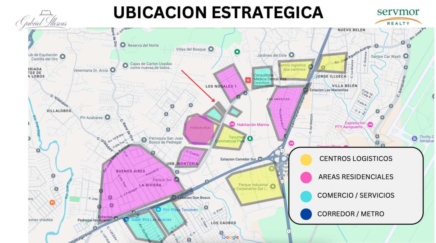 Connectivity map with access routes from property to Tocumen Airport and Corredor Sur