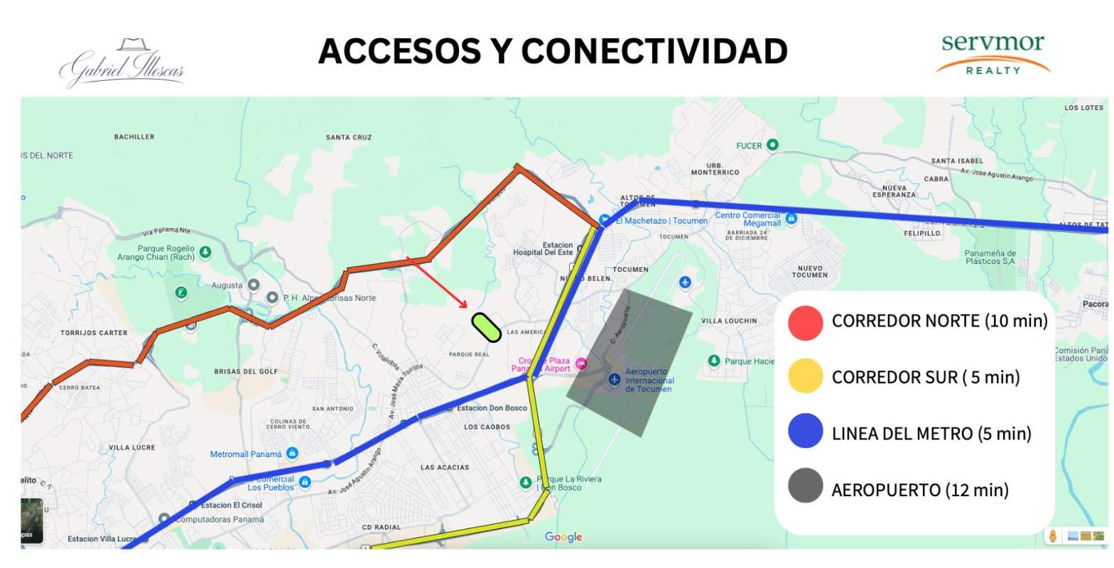 Detailed access map showing Corredor Norte, Corredor Sur, Metro and Airport routes near commercial industrial lot Panama
