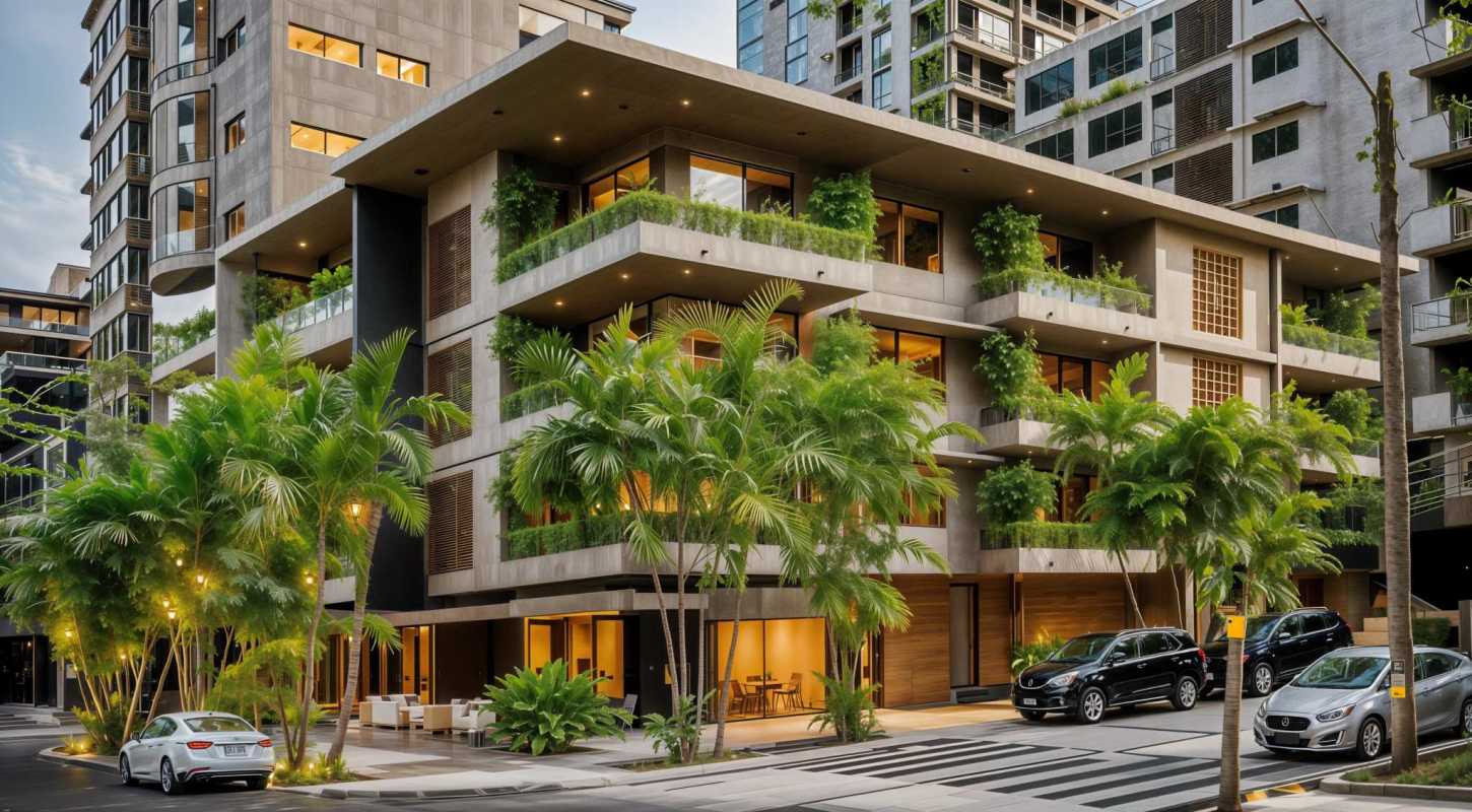 Lush courtyard with swimming pool and greenery at Urban El Cangrejo sustainable condominium Panama