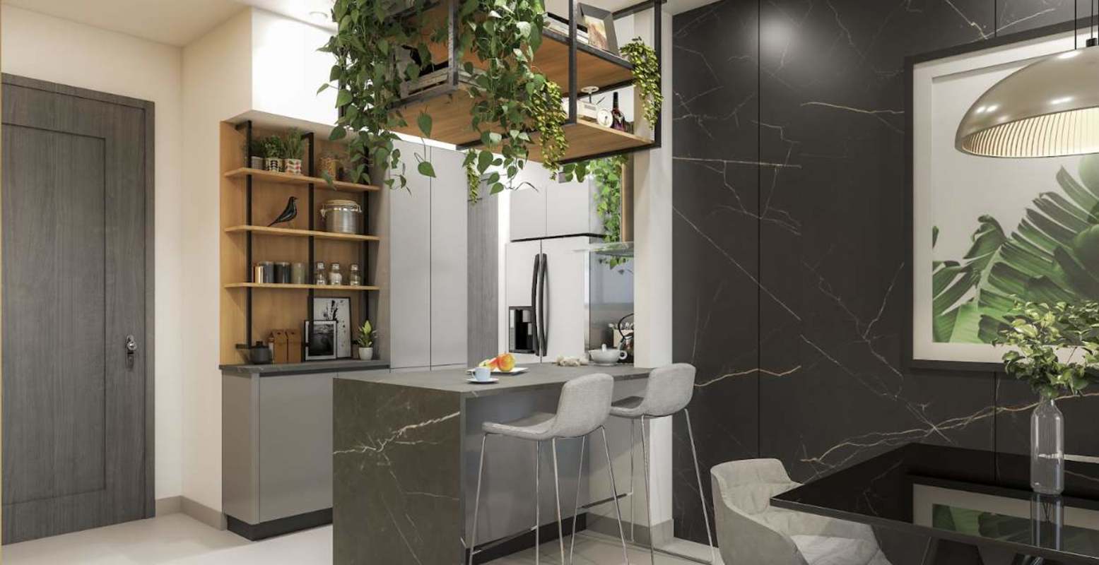 Contemporary kitchen with breakfast island, marble accents and open shelving at PH Next Panama