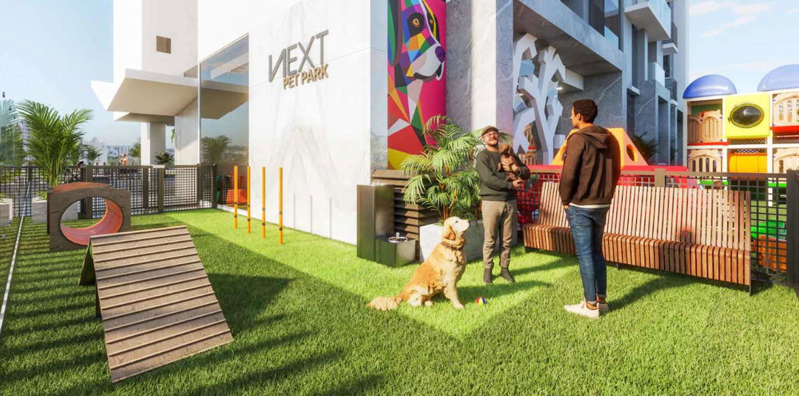 Dedicated outdoor pet park with agility equipment at PH Next Panama City