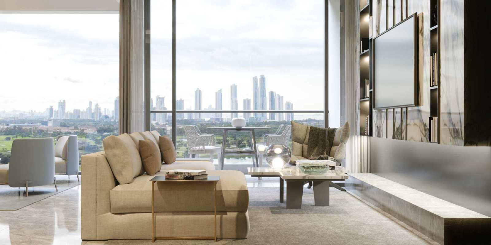 Modern minimalist kitchen with marble countertops, gas cooktop, premium cabinetry in The Ivy Santa María Panama