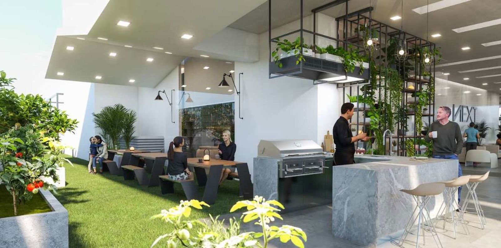 Outdoor social terrace with BBQ and dining in PH Next Coco del Mar Panama