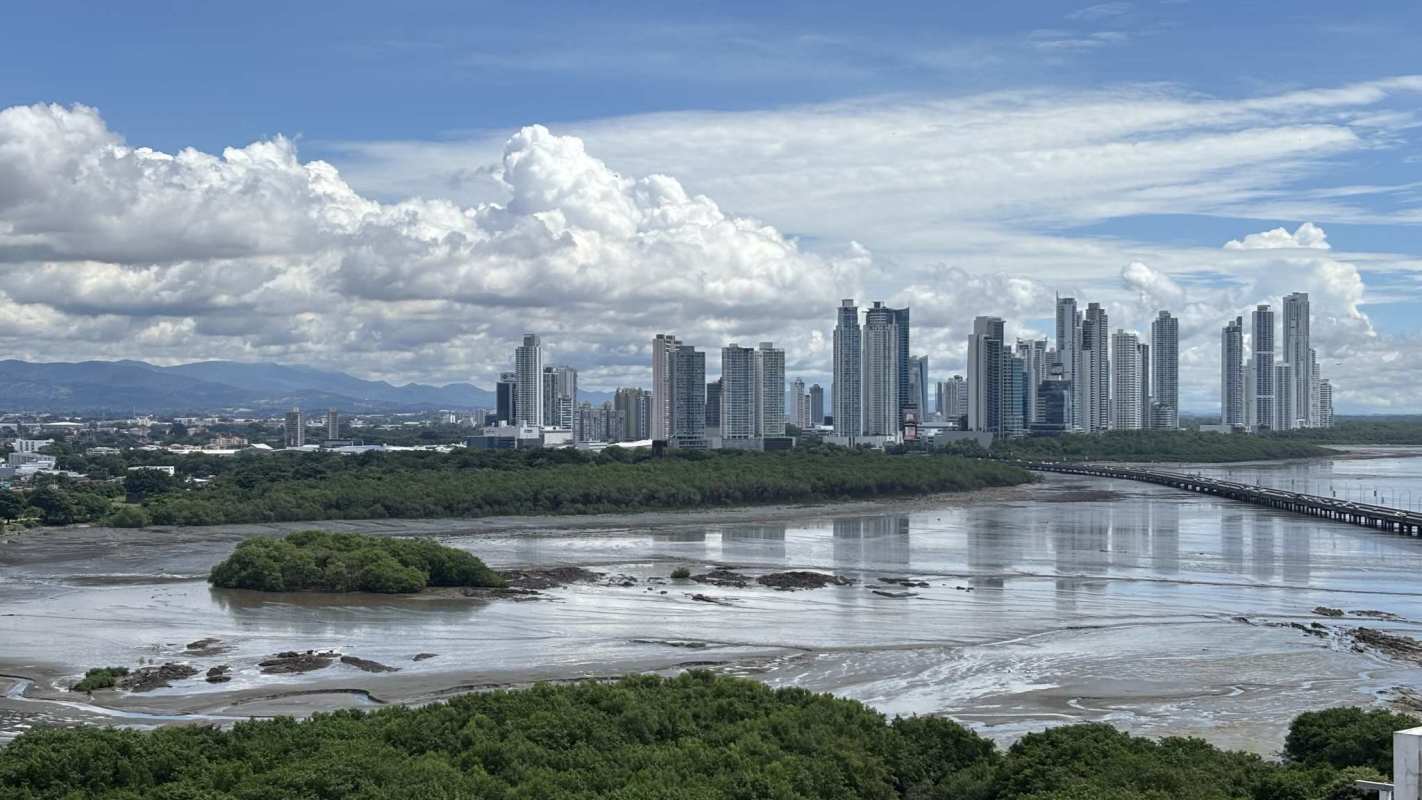 Aerial skyline view of Coco del Mar waterfront Panama City with mangroves and high-rise condos