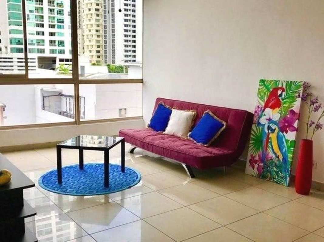 Modern living room with large windows, city views and bright minimalist decor