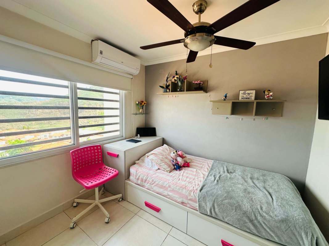 Minimal bedroom with window view in Condado del Rey Panama house for sale