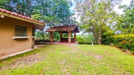 Curved garden walkway with mature trees and flowering plants at Coronado beach property Panama
