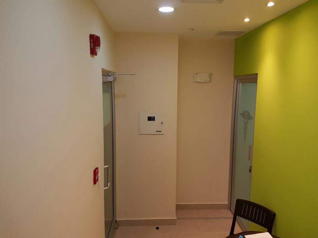 Glass framed office entrance door hallway with green accent wall commercial plaza Brisas del Golf