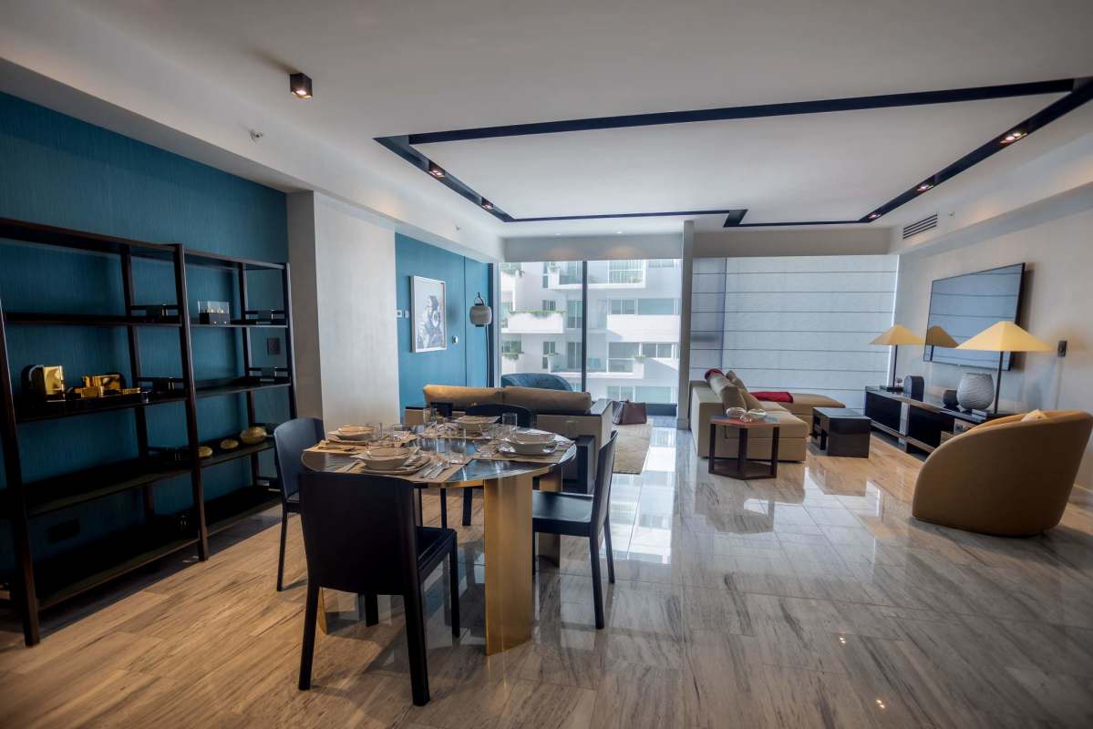 Modern open-plan living dining area at luxury PH BICSA apartment Panama