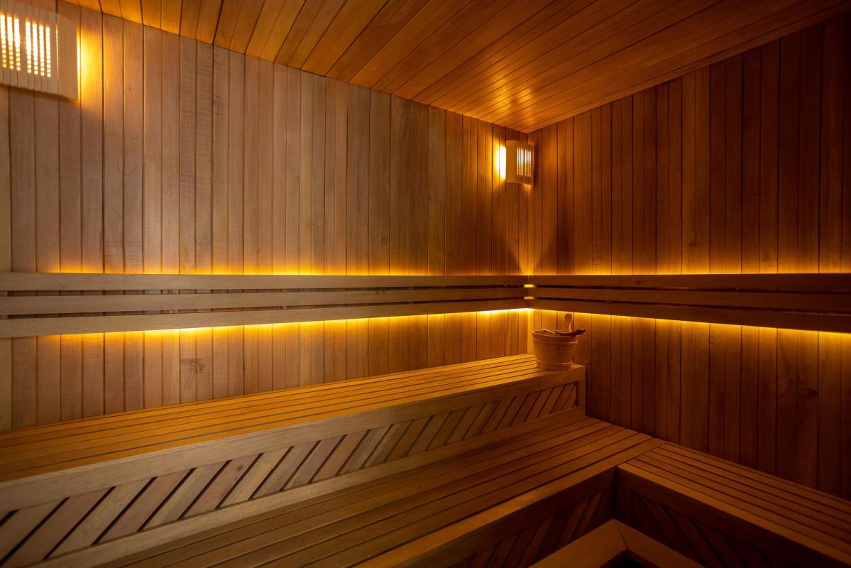 Wooden sauna with ambient lighting wellness spa in PH BICSA Panama