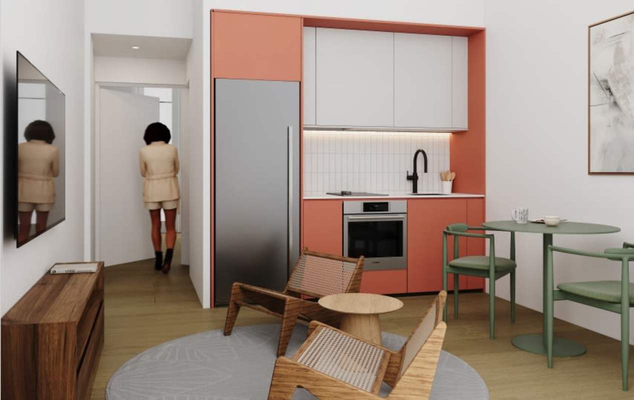 Minimalist kitchen with terracotta cabinetry white counters in Casco Viejo Panama