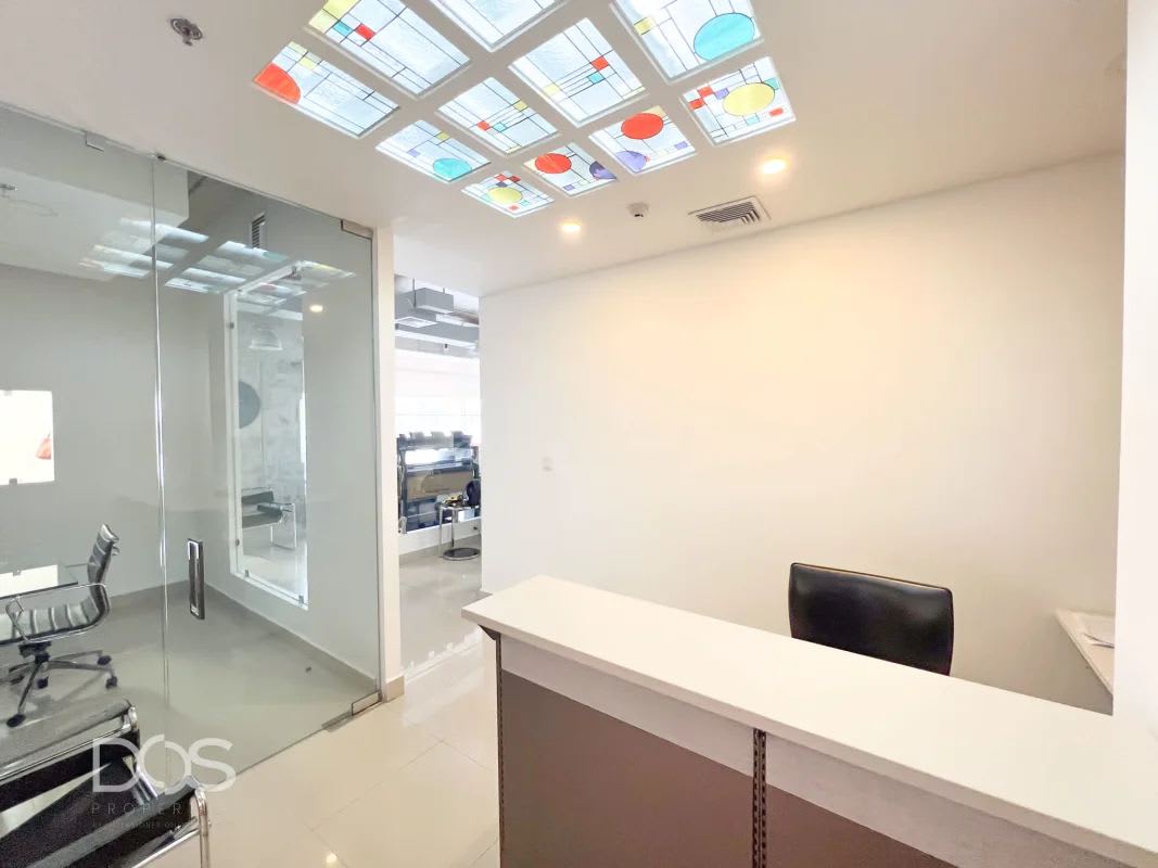 Compact kitchenette with refrigerator microwave sink in furnished office Sortis Business Tower Panama