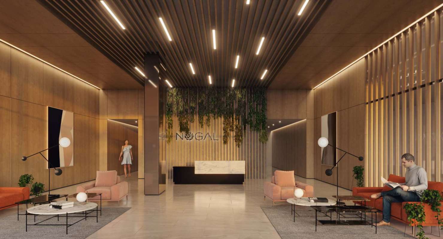 Modern bedroom with city view window and wood accent wall at PH Nogal Costa del Este