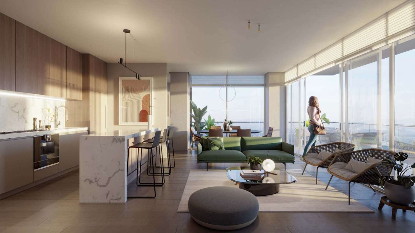 Open plan kitchen, dining, and living room with modern finishes in PH Nogal Costa del Este Panama