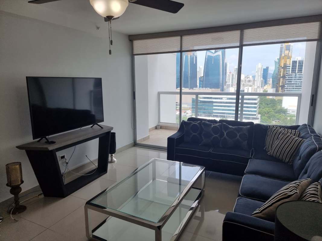 Balcony with glass railing overlooking ocean skyline PH Obarrio Tower