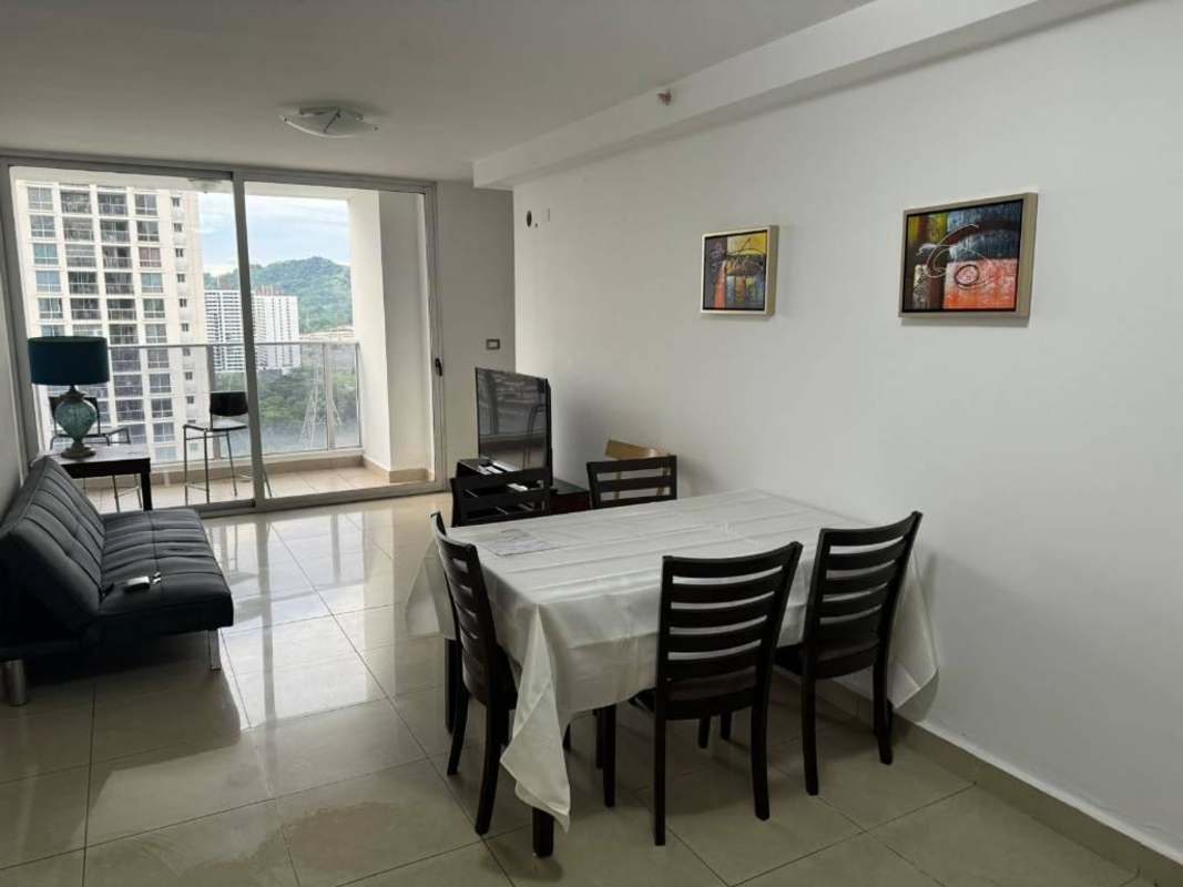 Open plan living and dining furnished space with balcony, PH Rokas Condado del Rey Panama