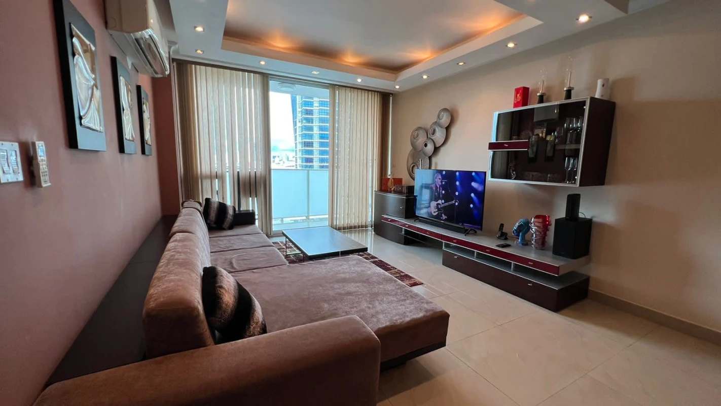 Contemporary granite kitchen with backsplash, appliances, open to dining, Punta Pacifica Panama