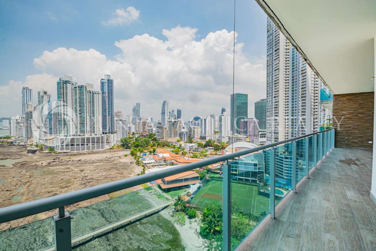 Contemporary kitchen with granite island and ocean views PH Aquamare Punta Pacifica Panama City