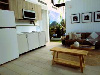 Private condo balcony with wooden deck and mountain backdrop Boquete Pinoalto