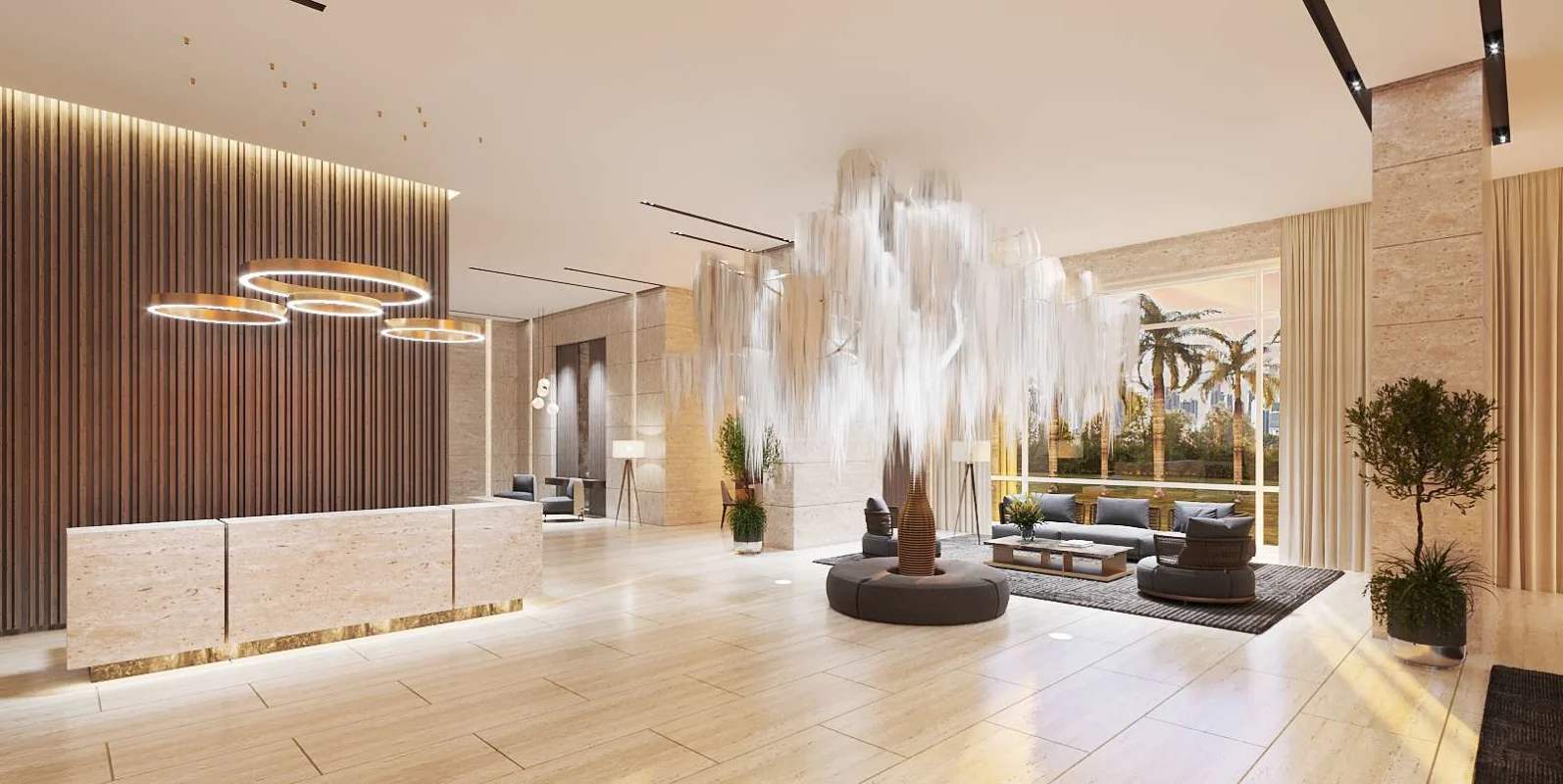 Grand lobby with reception desk, seating area, contemporary design at PH Celeste Santa Maria