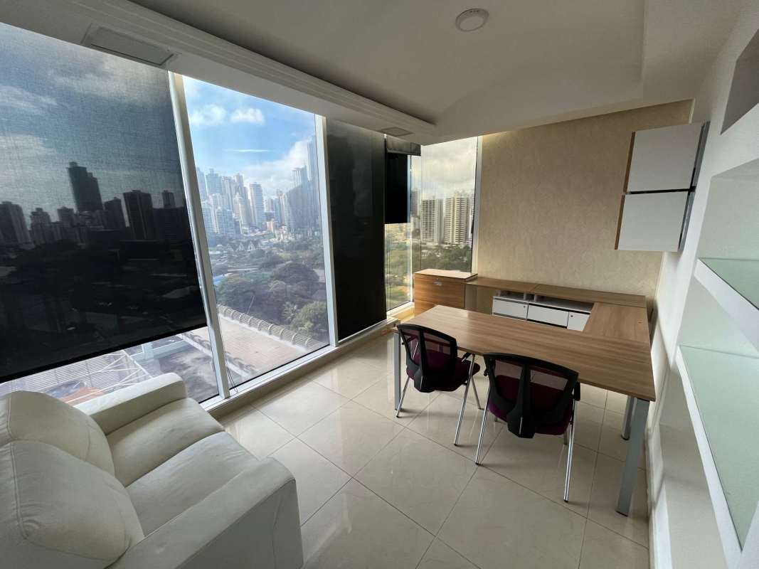 Entrance to professional office at Global Bank Tower with frosted glass doors on Calle 50 Panama