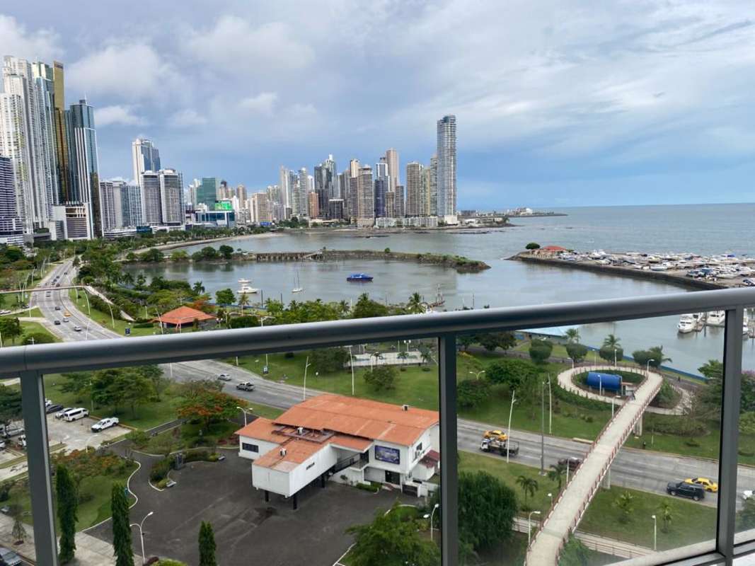 Balcony panoramic view of Pacific Ocean marina skyline Yacht Club Tower Panama