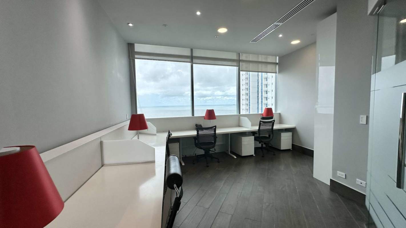 Luxury open-plan office floor with panoramic ocean and skyline views in Prime Time Tower Costa del Este Panama