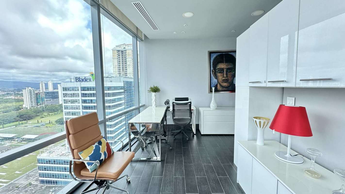 Private balcony overlooking Pacific Ocean from Prime Time Tower office floor in Costa del Este Panama