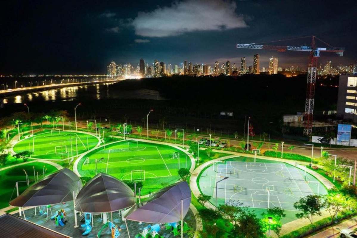 Night aerial view sports park fields courts near PH Asia Costa del Este