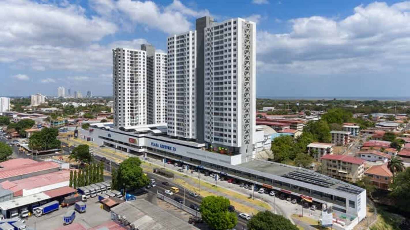 Aerial view of PH Lefevre 75 towers with retail plaza and residential floors in Panama City