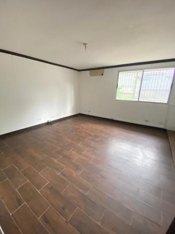 Shaded front porch with modern wooden door and mature trees on commercial house San Francisco Panama