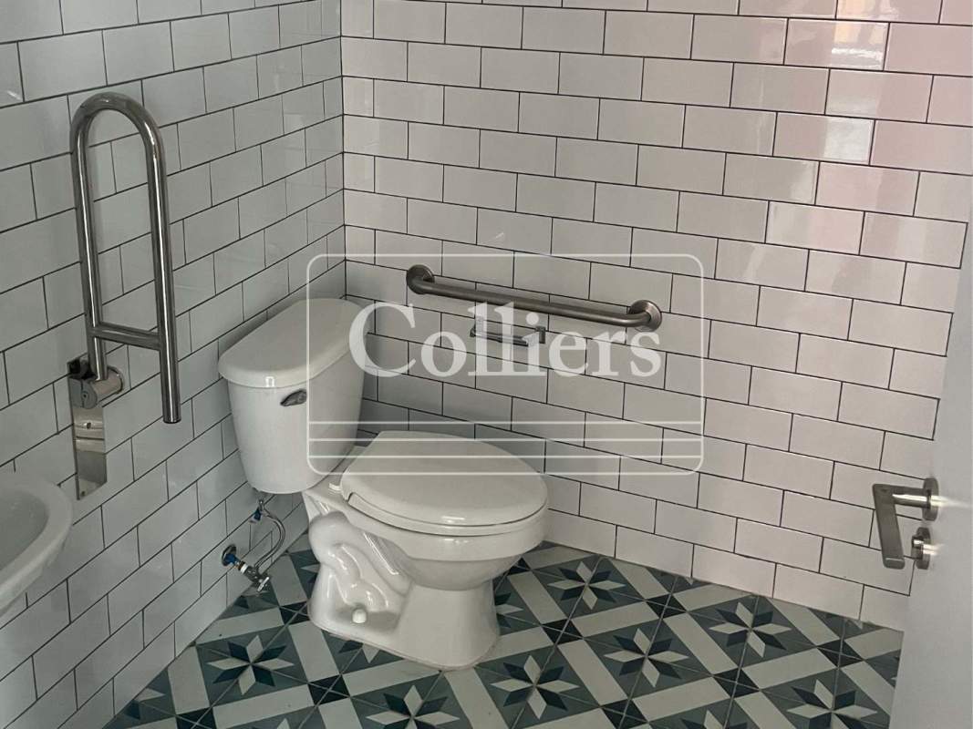 Modern bathroom with grab bars in commercial space Casa Quijano Casco Viejo Panama