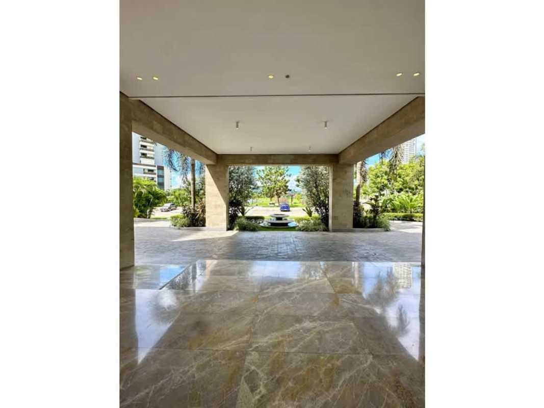 Modern bathroom double vanity, glass shower, marble finishes luxury condo in Santa Maria Golf Panama