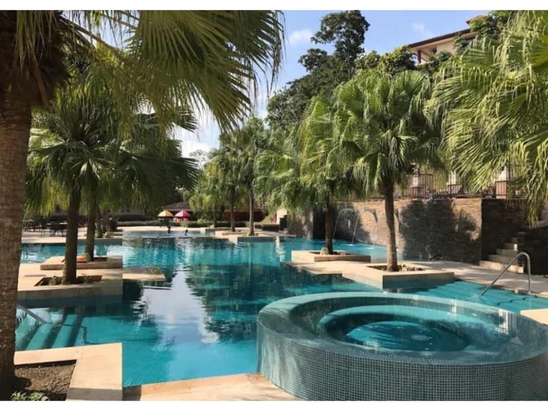 Lush backyard garden and covered terrace at Embassy Club residence in Clayton Panama
