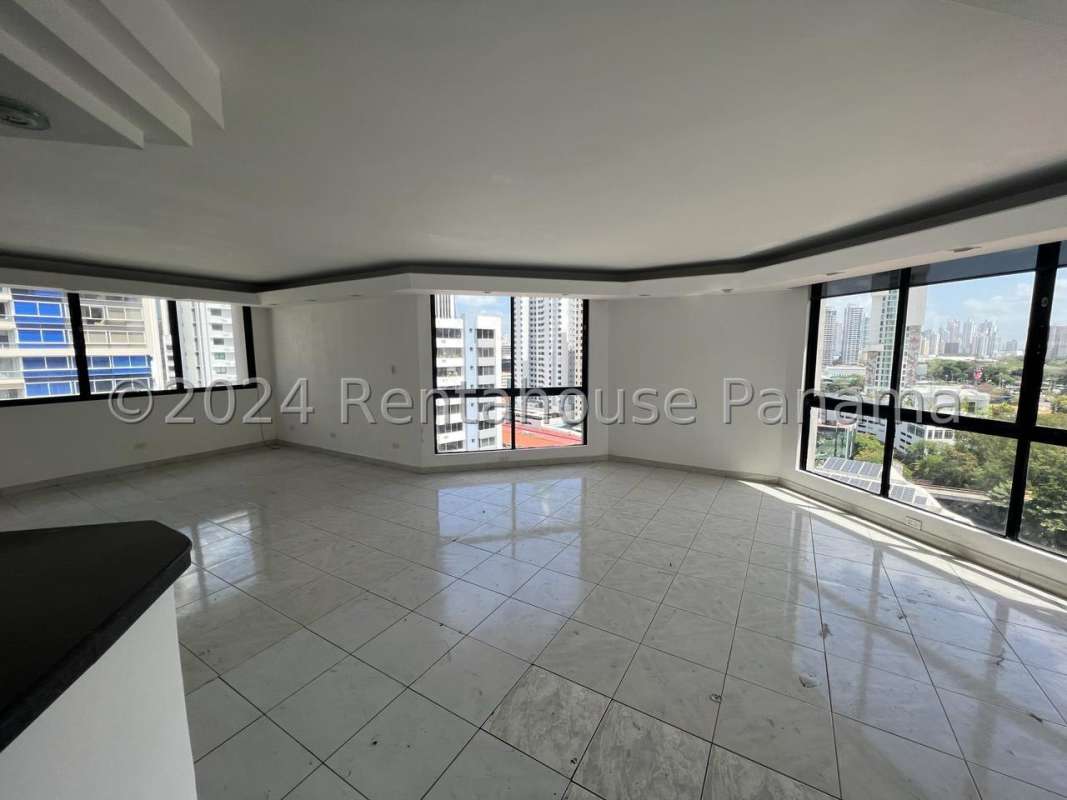 Contemporary bathroom with city views dual sinks granite counters in PH Coral Plaza Panama City