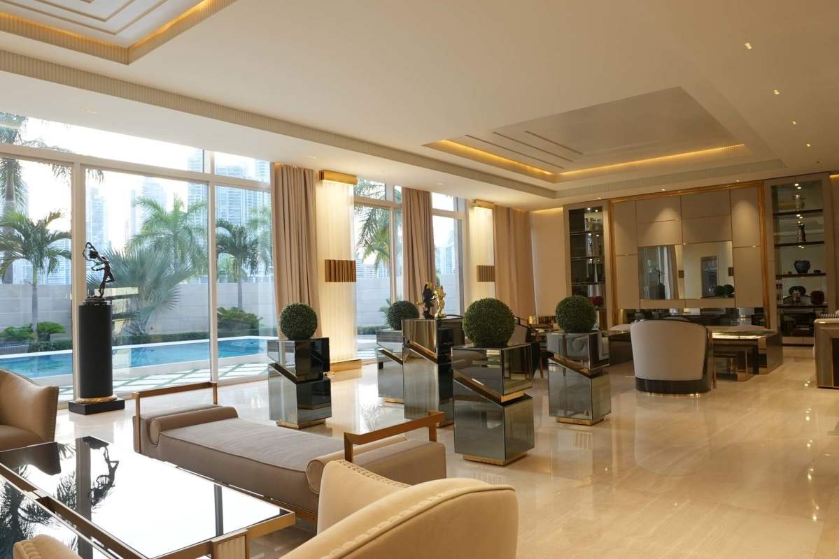 Spa-style marble bathroom with freestanding tub in luxury penthouse in Ocean Reef Panama