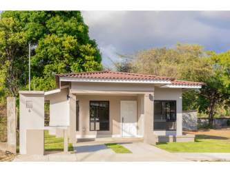 Top-down floor plan of two-bedroom house with bath, kitchen, dining and outdoor patio in Pesé Herrera Panama