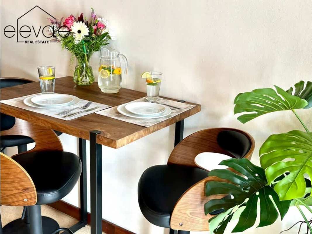 Modern minimalist dining space with wood table, houseplants and decor in colonial loft PH Coliseo Casco Viejo Panama City