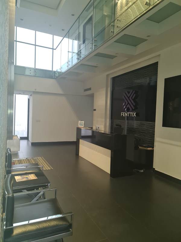 Grand marble lobby with double-height ceiling in SFC Tower Obarrio Panama