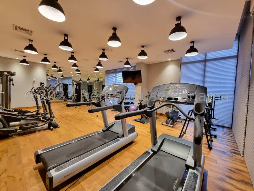Modern indoor gym with cardio and weight machines overlooking marina in Ocean Reef Island Panama