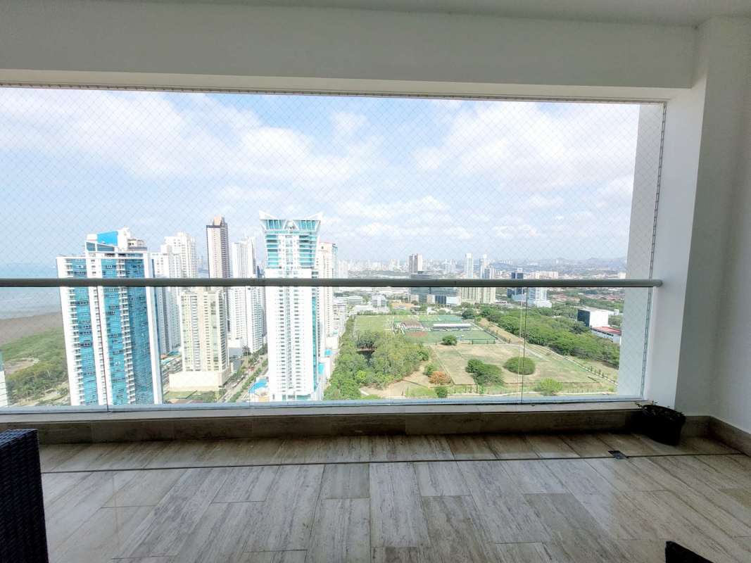 Aerial of Costa del Este oceanfront and skyline home to PH Aria Panama City