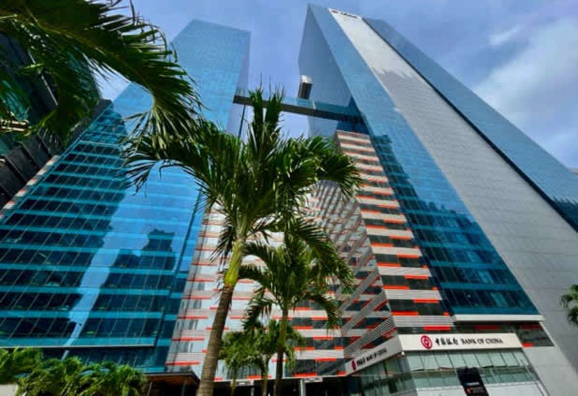 Modern twin glass skyscrapers Oceanía Business Plaza with skybridge Punta Pacifica Panama
