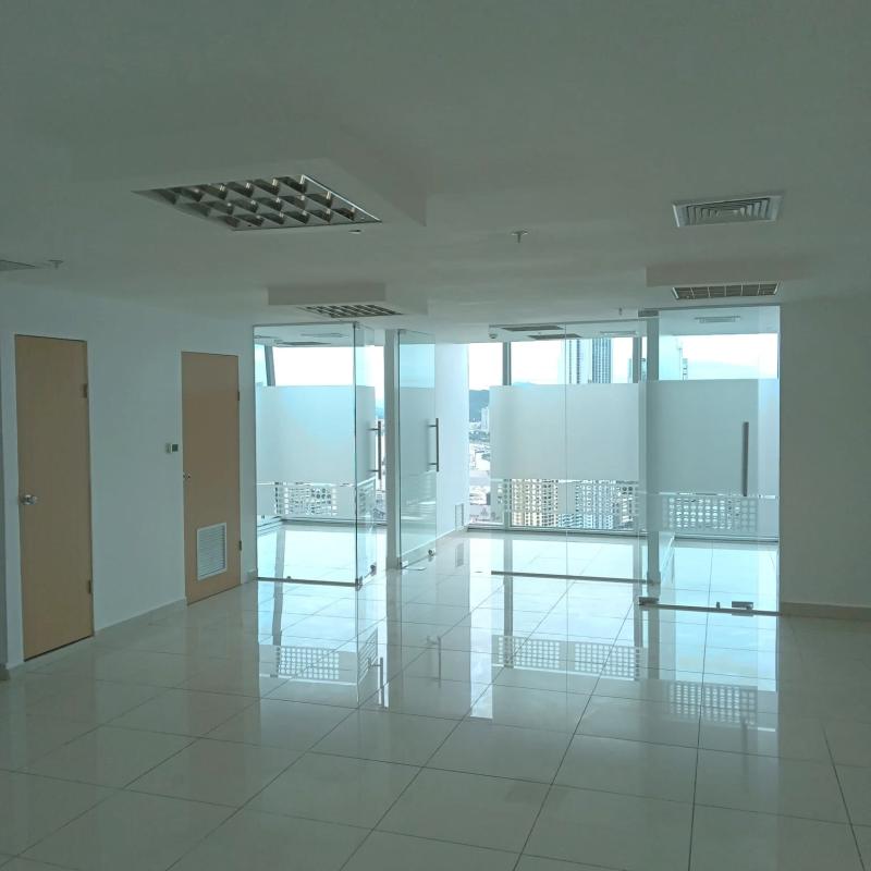 Modern minimalist office interior with frosted glass and tiled floor Punta Pacifica Panama