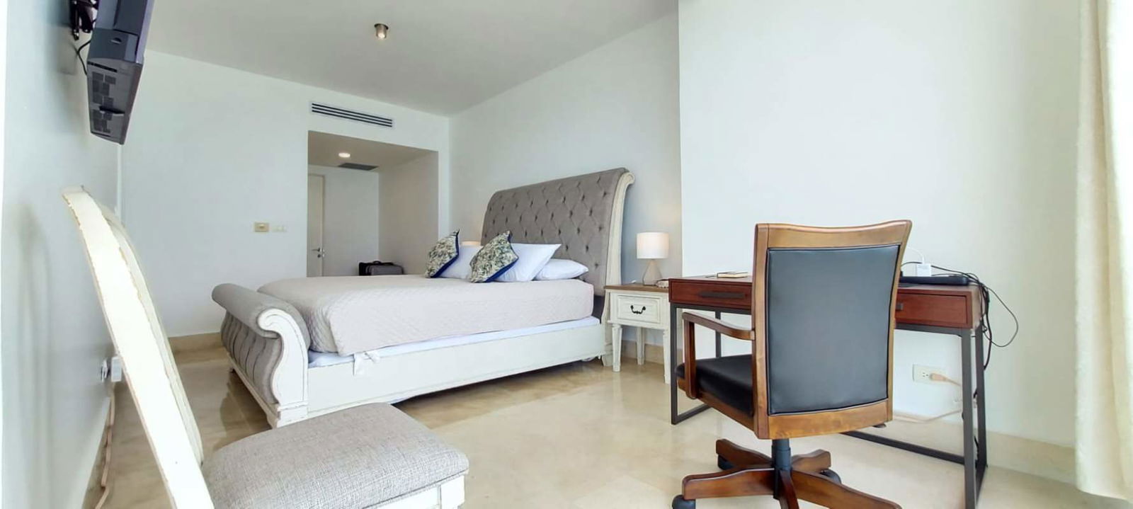 Modern home office area with ocean balcony view luxury apartment Panama