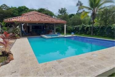 Spacious pool area surrounded by palm trees and lush landscaping in Punta Barco estate