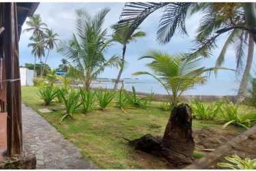 Rustic kitchen with concrete island, wood ceiling, large windows in oceanfront estate Colón Panama
