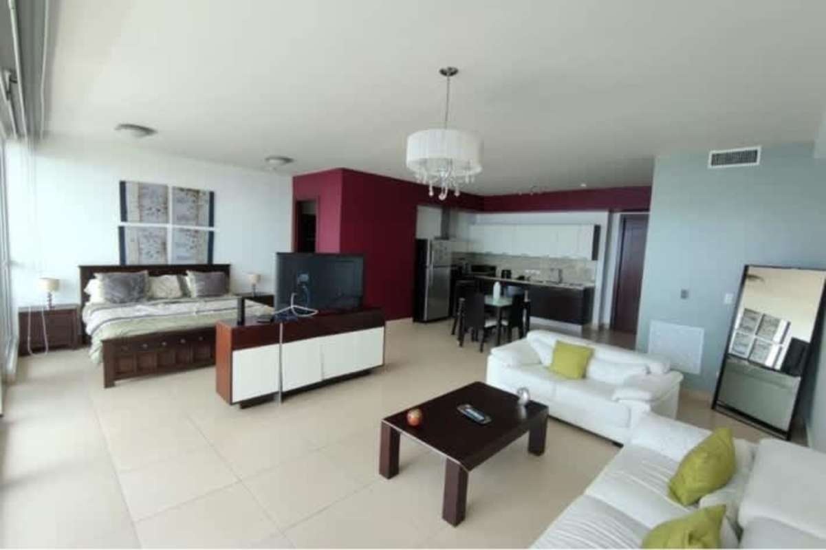 Elegant bedroom zone in luxury studio with Pacific ocean views in Trump Tower Panama
