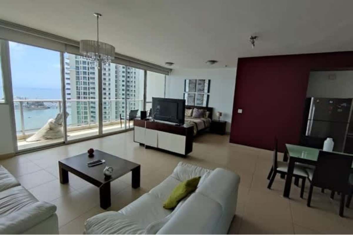 Stylish integrated living & kitchen space with terrace ocean views Trump Tower Panama