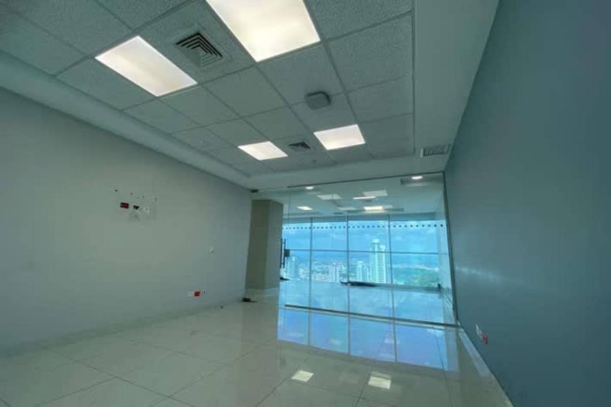 Conference room with glass partitions marble floor and city views in Hi Point Tower Bella Vista Panama